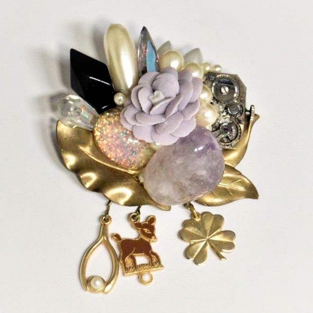Vintage Artisan Amethyst Porcelain Flower Brooch